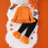 1-8Y Kid Girls Halloween Pumpkin Lantern Ghost Ruffle Flared Suit 2 Pcs Set