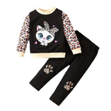 1-6Y Kid Baby Girls Suit Crew Neck Cartoon Leopard Print 2 Pcs Set