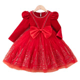 3-8Y Kid Girl Christmas Red Long Sleeve Bubble Sleeve Bow Dresses