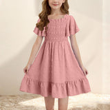 4-14T Kid Girl Sleeveless Square Neck Pleated Backless Short Dress