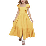 Kid Girl Summer Sweet Square Neck Flying Sleeve Backless Dresses