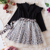 Kid Girls Korean Version Fungus Collar Leopard Print Splicing Princess Dresses