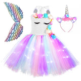 1-10T Kid Girls Glowing Led Light String Unicorn Sleeveless Tutu Dresses
