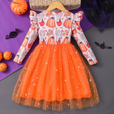 2-8Y Kid Girl Long-sleeve Crew Neck Bow Mesh Christmas Halloween Party Dresses