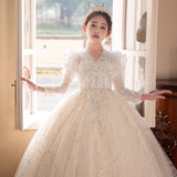 2-12T Kid Girls Luxury Flower Wedding Princess Host Piano Performance Dress