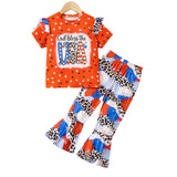 Independence Day Girls English Alphabet Print Short Sleeve Flared Pants Set