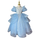 Kid Girl Blue Princess Fluffy Yarn Birthday Host Catwalk Dresses