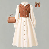 5-12Y Kid Girls  British Style Academic Suit Spring Autumn Retro White Dresses