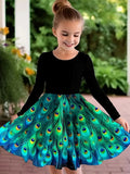 2-10T Kid Girls Sweet Long-sleeved Peacock Feather Print Fashion Dresses