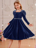 Kid Girl Princess Pearl Waist Velvet Host Performance Long Sleeves Dresses