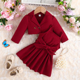 Baby Girl Sweet Lapel Long Sleeves Solid Color Suspender 2 Pcs Sets