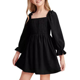 Kid Girl Square Neck Lantern Sleeve Ruffle High Waist Lace Dresses