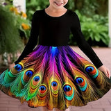 2-10T Kid Girls Sweet Long-sleeved Peacock Feather Print Fashion Dresses
