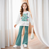 INS Girls Girls Floral and Slogan Pattern Shoulder Pullover and Flared Pants Two-piece Set