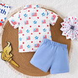 Independence Day Baby Boys Short Sleeve Bow Tie Blue Shorts 2 Pcs Set