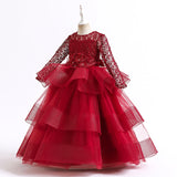 4-14T Kid Girl Long Sleeve Mesh Fluffy Princess Piano Host Birthday Dresses