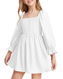 Kid Girl Square Neck Lantern Sleeve Ruffle High Waist Lace Dresses