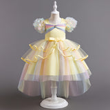 Kid Girls Colorful Mesh Trailing  Bubble-sleeved Dresses