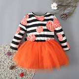 Kid Baby Girls Halloween Pumpkin Long Sleeve Striped Mesh Dress