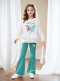 INS Girls 2-piece Set & Butterfly Print Long-sleeved Sweater + Flared Pants