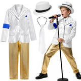 3-12Y Kid Mike Jackson Stripe Gold Stage Costume 4 Pcs Set