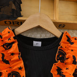 3-8Y Halloween Kid Girls Strip Pumpkin Bat Print Mesh Dresses