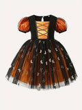 2-8Y Kid Baby Girl Halloween Performance Bubble Sleeve Mesh Dress Cospaly Costume
