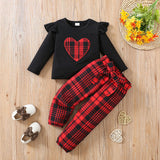 18M-6Y Kid Baby Girls Spring  Autumn Valentine's Day Plaid Love Embroidery 2 Pcs Set