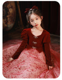 Kid Baby Girls  Velvet Long Sleeve Evening Piano Performance Dresses