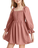 Kid Girl Square Neck Lantern Sleeve Ruffle High Waist Lace Dresses