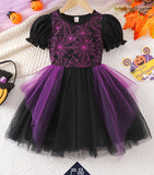 Girls' Halloween New Short-sleeved Spider Web Dress Black Purple Party Dress