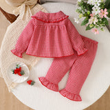 6M-3Y Baby Girl Plaid Strawberry Patch Doll Collar Long Sleeve Lace Sleeve Pajamas