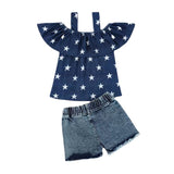 Independence Day Kid Baby Girls Denim Suspender Shorts 2 Pcs Set