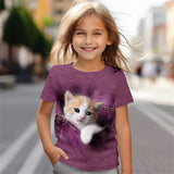 2-12T Kid Girl Cute Kitten 3D Digital Printing Casual Short-sleeved T-shirt