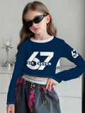Fashion Versatile High Quality Checked Girls Short Crew Neck Long Sleeves