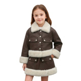 2-10T Kid Girl Leather Foreign Fur Collar Hip Suits 2 Pcs Set