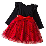 Kid Girls Long-sleeved Korean Version Polka Dot Mesh Dresses