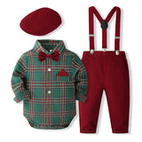 6M-3Y Baby Boy Formal Suit Long Sleeve Plaid Overalls Suit 4 Pcs Set