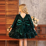 2-6Y Kid Baby Girls Sequined Velvet  Long Sleeve Big Bow Fluffy Princess Dresses