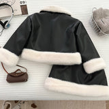 2-10T Kid Girl Leather Foreign Fur Collar Hip Suits 2 Pcs Set