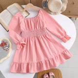Kid Girl Square Collar Horn Long-sleeved Ruffle Big Swing Dresses