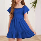 Kid Girl Summer Solid Halter Pleated Casual Dress