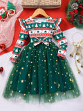 2-8Y Kid Girl Long-sleeve Crew Neck Bow Mesh Christmas Halloween Party Dresses