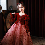 Kid Baby Girls  Velvet Long Sleeve Evening Piano Performance Dresses