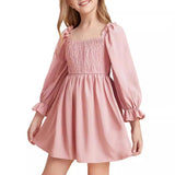 Kid Girl Square Neck Lantern Sleeve Ruffle High Waist Lace Dresses