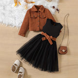 3-10Y Kid Girls Brown Single-breasted Long-sleeved Suit 2 Pcs Set