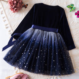 Kid Girls Long-sleeved Korean Stars Gradually Mesh Princess Dresses