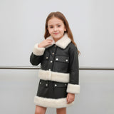 2-10T Kid Girl Leather Foreign Fur Collar Hip Suits 2 Pcs Set