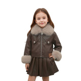 2-10T Kid Girls Leather Fur Collar Jacket Pleated Suits 2 Pcs Set
