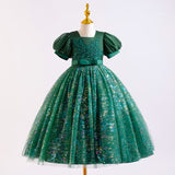 3-12T Kid Girls Host Piano Performance Sequined Mesh Fluffy Princess Dresses